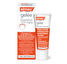 Elmex gelée 25g Tube und Packung, 1,25 % Dentalgel zur Kariesprophylaxe und Zahnschmelz-Remineralisierung, Anwendung 1x wöchentlich.