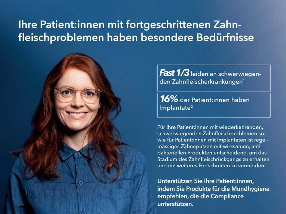 Infografik zu Zahnfleischproblemen und Implantaten mit Statistiken und Empfehlungen für antibakterielle Mundhygiene-Produkte