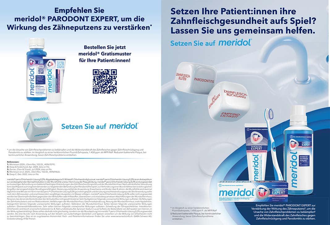 Poster: meridol CHX 0,2% gegen Plaquebakterien, Spezial-Zahnbürste und PARODONT EXPERT Zahnpasta/Mundspülung für Zahnfleischpflege.
