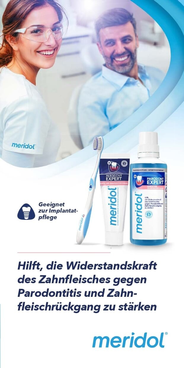 Meridol Zahnpflege-Produkte gegen Zahnfleischprobleme, mit Zahnärztin und Patient im Hintergrund