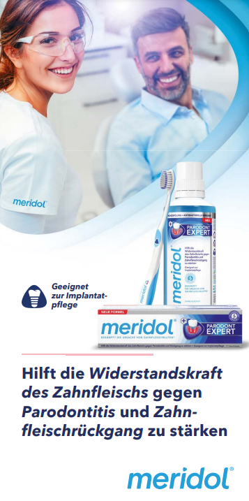 Meridol Zahnpflege-Produkte gegen Zahnfleischprobleme, mit Zahnärztin und Patient im Hintergrund